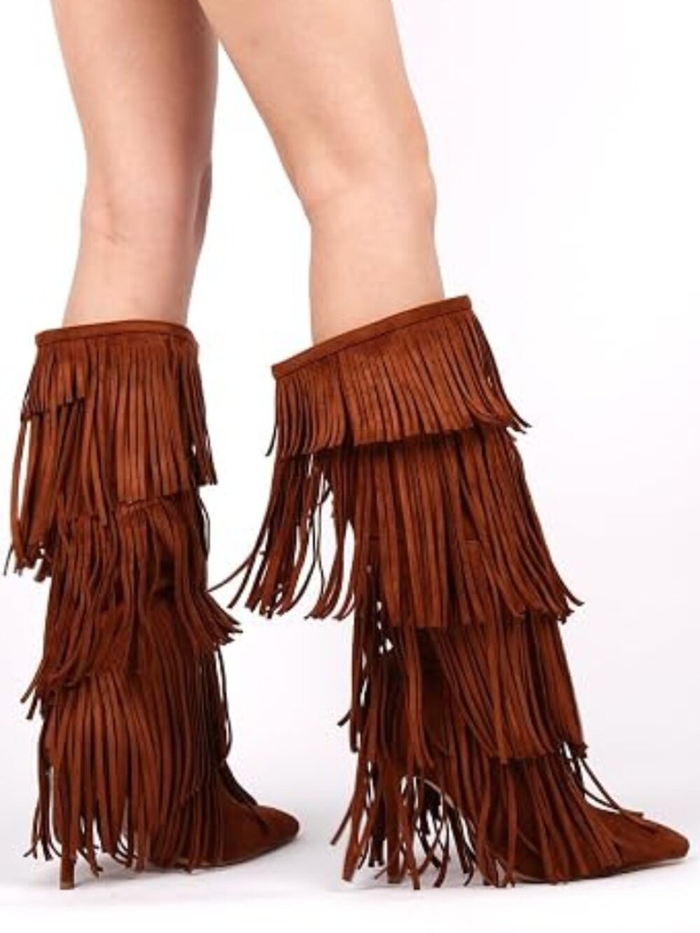 Women's Fringed Knee High Boots - Picture 2 of 7